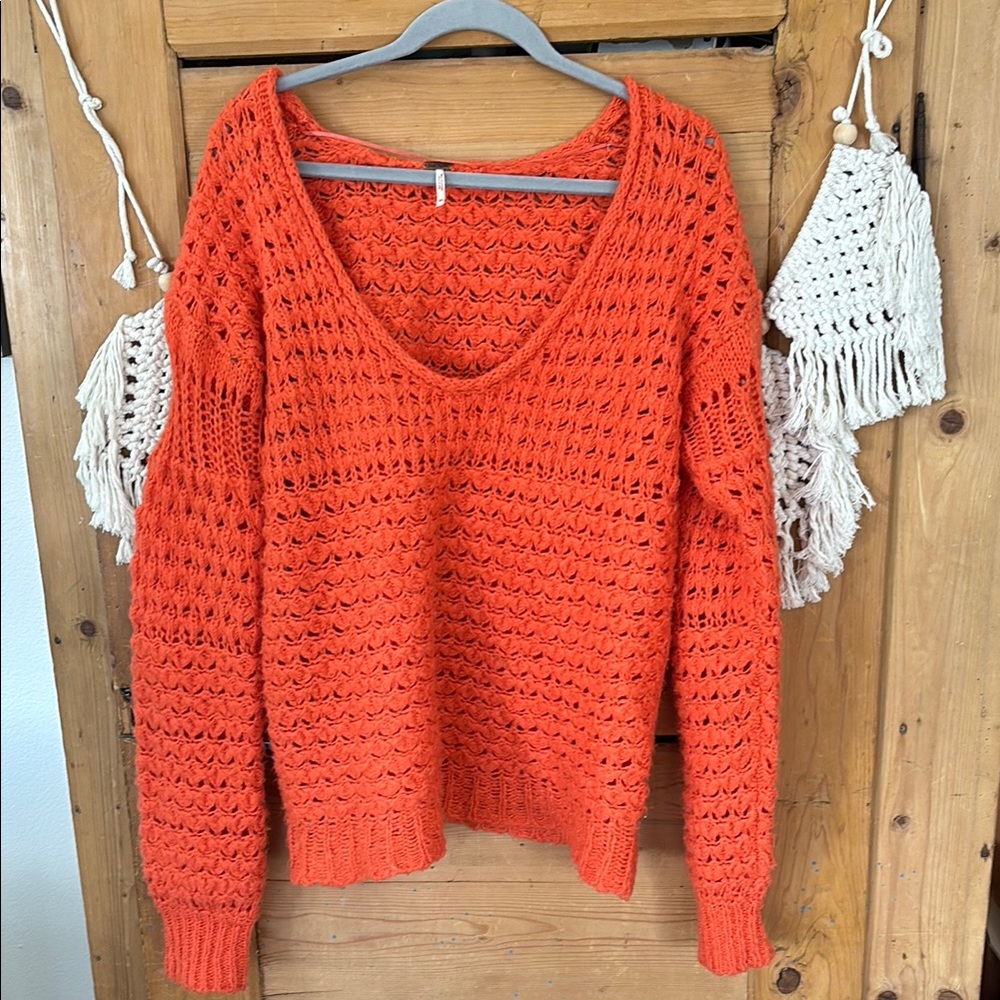 Free People Orange Crew Neck Sweater with Loose Knit and Scoop Neckline